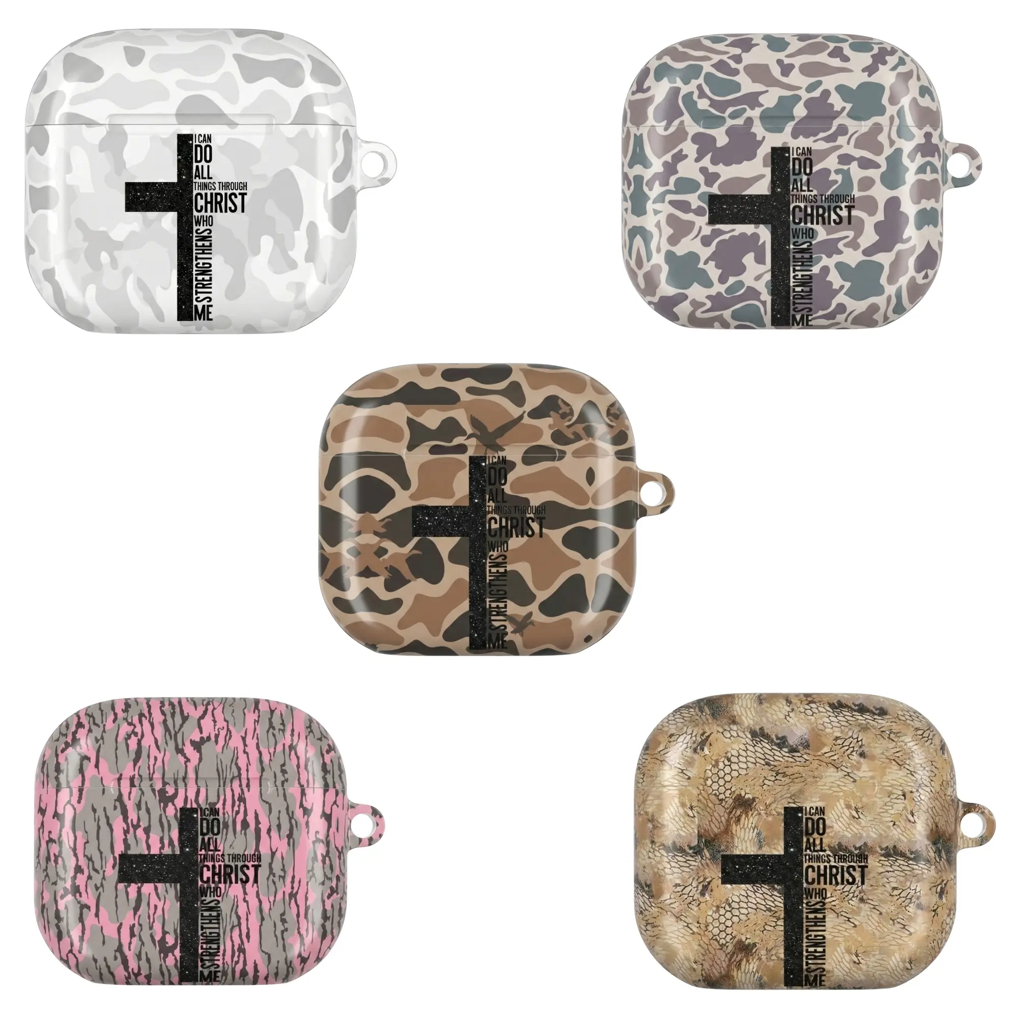 Christian Cross Camo Airpods Case – “I Can Do All Things Through Christ” Scripture Airpods Cover, Faith Gift for Men and Women
