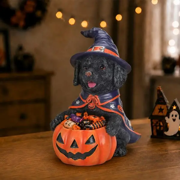 Halloween Witch Puppy Figurine, Black Labrador Retriever & White Teddy Dog, Cute Puppy Holding Pumpkin Candy Bowl, Spooky‑Cute Tabletop Ornament for Halloween Party & Festive Home Decor