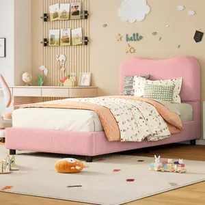 Pink Boucle Bed Frame with Upholstered Headboard, Soft Low Profile Sturdy Platform Bed with Rounded Corners Design,No Box Spring Needed,Twin Size princess