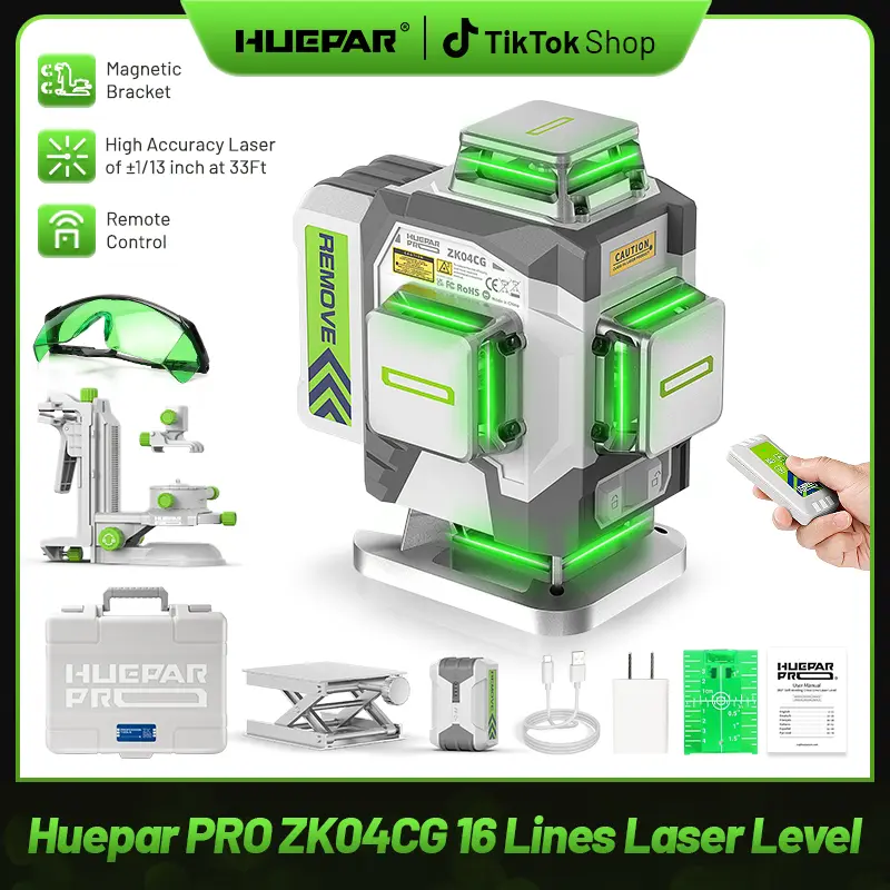HueparPro Laser Level, Self Leveling 4 x 360 Green Cross Line Laser Tool, High Accuracy Professional 4D Laser Level for Construction with 8000mAh Rechargeable Li-ion Battery & Hard Carry Case -ZK04CG