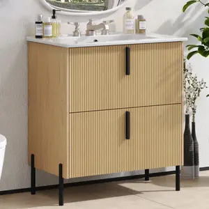 Christopher Knight Home ®   30" Bathroom Vanity with Ceramic Sink and Full-Extension Drawers, Soft Close Undermount Drawer Slides, Fluted Design, Natural