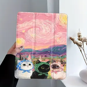 Van Gogh Starry Night Cat Art Four-Corner Shockproof Tablet Case, Foldable with Pen Slot,Suitable for iPad Mini, Air, Pro 4,5,6,7(2017,2018,2019,2020,2021,2022,2023,2024,2025 models),and Samsung S6,7,8,9,10FE + A7 LTE tablet cases