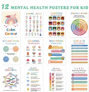 12 Laminated Mental Health Poster for Kids,Feelings Chart & Emotions Learning Poster,Positive Affirmation Wall Art,Classroom Decor, Educational Wall Chart for Preschool, Kindergarten & Homeschool Learning