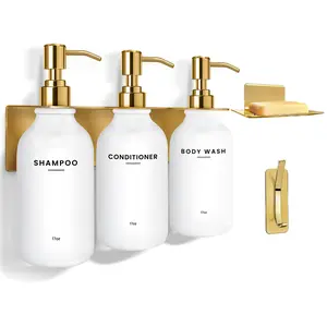 Shampoo & Conditioner Dispenser Set - Wall Mounted Drill-Free 17 fl oz Plastic Pump Bottles with Soap Holder - Gold Finish for Bathroom Organization