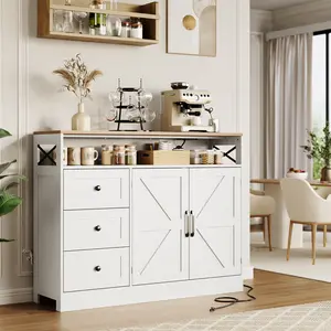 Sideboard Buffet Cabinet with 2 Barn Doors & 3 Drawers, 47.2'' Wood Console Cabinet with Built-In Charging Station, Farmhouse Coffee Bar Buffet Table for Kitchen, Living Room, White/Black