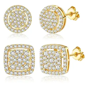 Men's Earrings 14K Gold/Silver Iced Out Square Stud Earrings Set for Men Women Fashion Jewelry