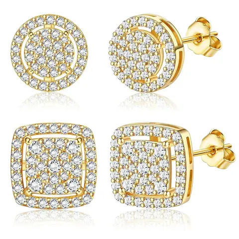 Men's Iced Out Square Stud Earrings Set, 14K Gold Jewelry & Silver-Effect Earrings, Fashion Accessories for Men