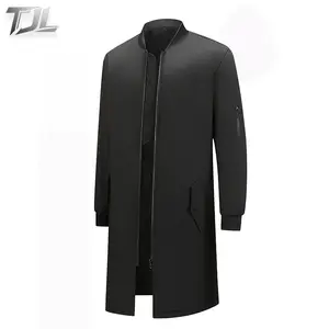 TJL Men's Black Long Stand Collar Jacket Winter Thermal Zip-Up Outerwear with Fleece Lining Windproof Polyester Coat for Fall and Winter Menswear Tops