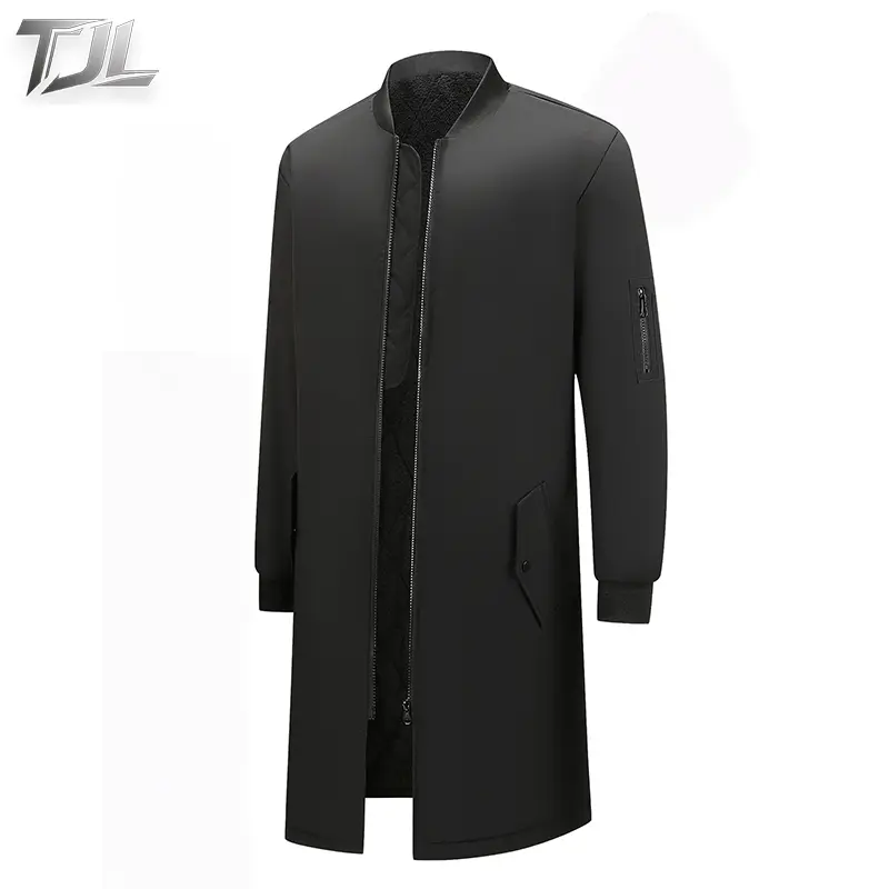 TJL Men's Black Long Stand Collar Jacket Winter Thermal Zip-Up Outerwear with Fleece Lining Windproof Polyester Coat for Fall and Winter Menswear Tops
