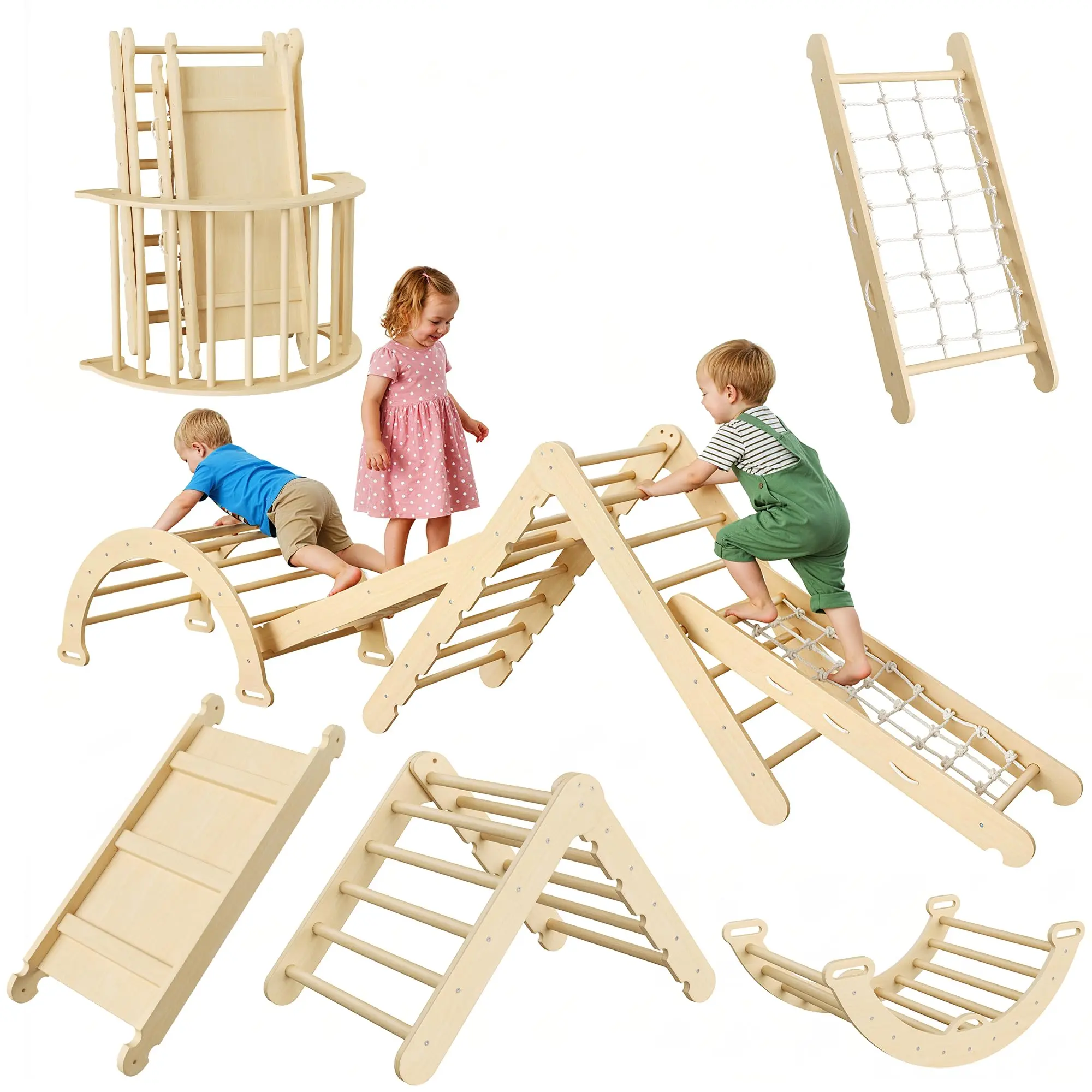 7-in-1 Collapsible Wooden Climbing Triangle Set for Toddlers, Indoor Early Learning Climbing Gym, Jungle Gym with Arch, Ramp & Ladder, Natural Wood Kids Fitness Equipment