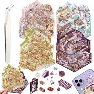 DIY 3D House Stickers, 4 Set Fun DIY Stickers Scene Make Your Own Warm Home, Supermarket, Coffee Shop, Music Bar, Cute 3D Cartoon Scene Stickers for Adult Young studentRelief Stress Pass The Time (XMPLUS2.0)