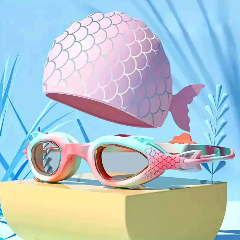 Unisex Boys Girls Cartoon Underwater Sports Eyewear Set - One Size, Set Includes Goggles, Waterproof Anti-Fog Goggles, Silicone Swim Cap, Adjustable Straps, Comfortable to Wear Swimming Gear