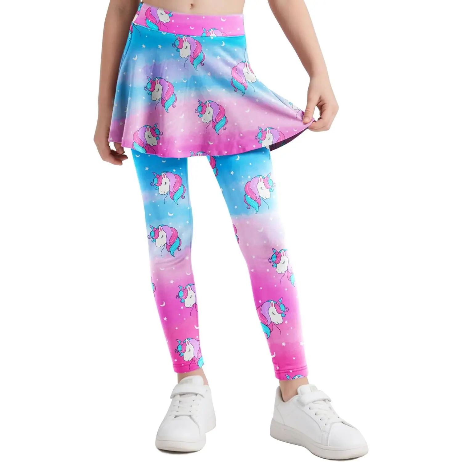 Girls' Soft Polyester Leggings Skirt with Elastic Stretch, Fitted Ruffle Tights with Rainbow Unicorn & Fish Scale Pattern, Easy To Match, Casual Wear