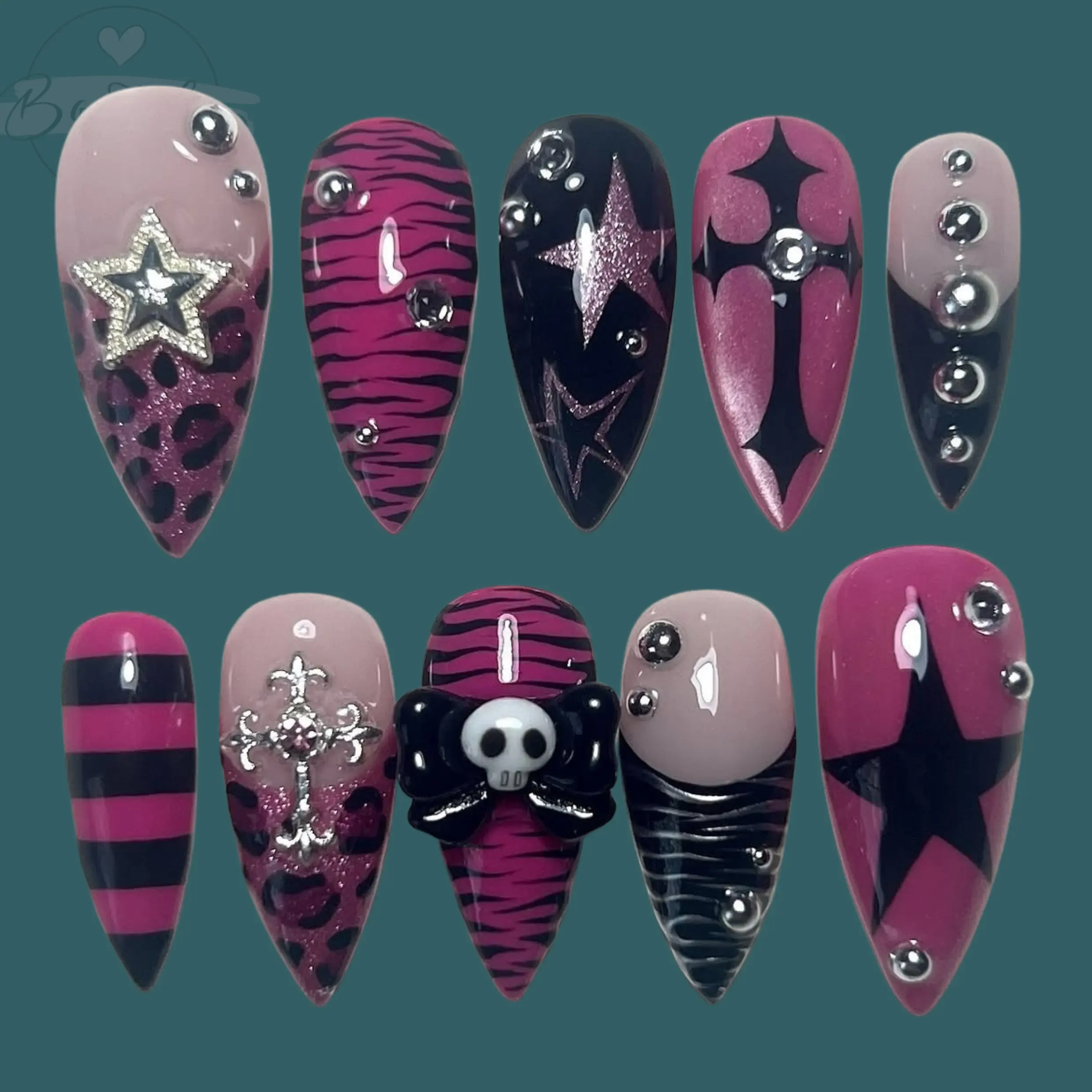 Pink Black Y2K Goth Press On Nails, Skull Bow Nail Set, Zebra Leopard Star Nails, Emo Glam Nails, Alt Grunge Handmade Nails