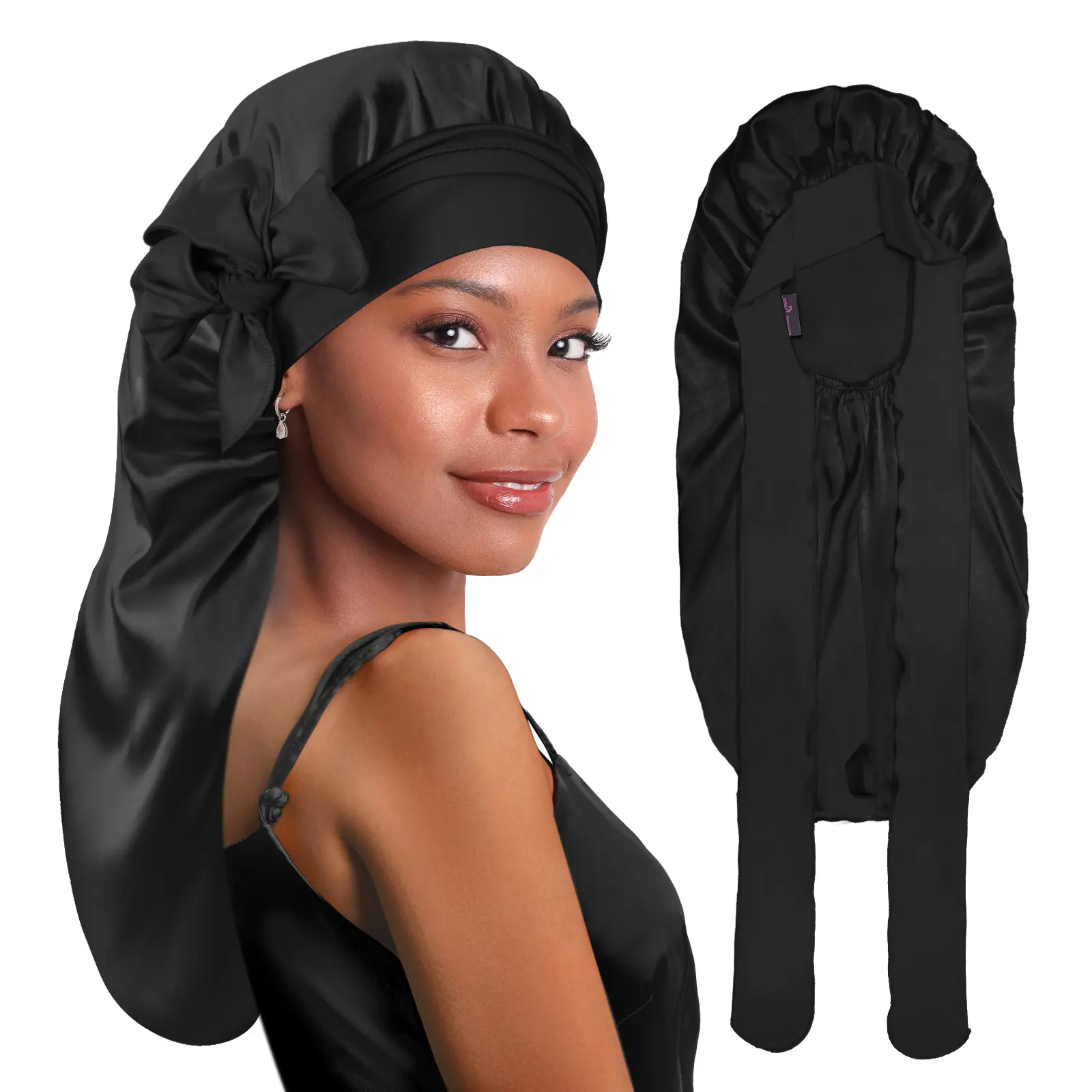 BONNET QUEEN Silky Satin Bonnet Hat - Adjustable Elastic Band Medium Black Cap for Long Hair, Daily Haircare, Heatless Styling of Braids/Dreadlocks, Hair Bonnets