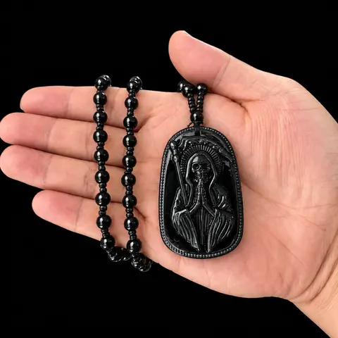 Dog Tag Necklace with Santa Muerte Sculpture for Mexican Day of the Dead, Dark Style Grim Reaper in Black Robe Holding Scepter, Obsidian Textured Round Beaded Men's Protective Amulet Pendant