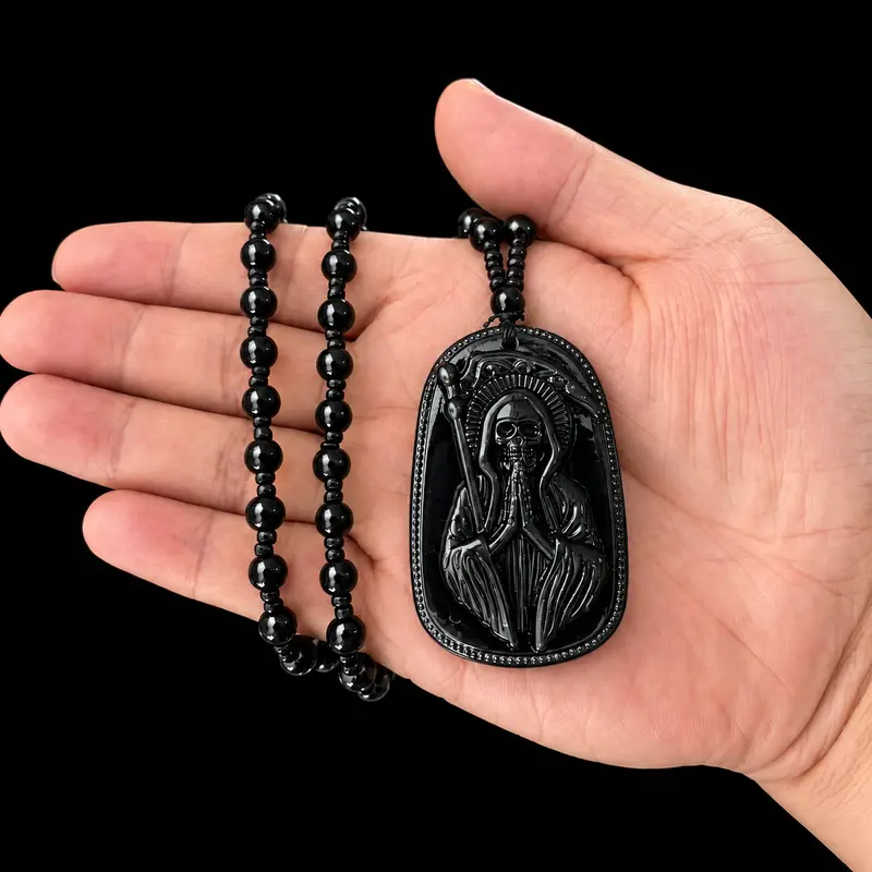Dog Tag Necklace with Santa Muerte Sculpture for Mexican Day of the Dead, Dark Style Grim Reaper in Black Robe Holding Scepter, Obsidian Textured Round Beaded Men's Protective Amulet Pendant