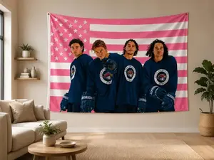 Pink Hockey Team Wall Tapestry, Sports Aesthetic Dorm Room Decor, Trendy Bedroom Hanging Banner, College Room Fabric Poster Gift Open For Sale!