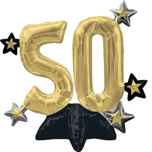 Golden 50th Birthday Foil Balloon Sitter with Stars