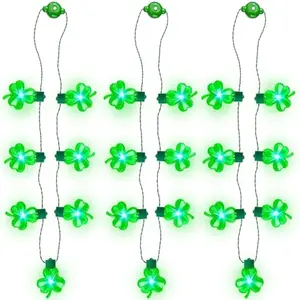 3 PCS St Patrick's Day Necklaces LED,Green Shamrock Light Up Bulb Necklace for Costume Dressing-up Accessories Saint Patricks Decorations Party Favor Supplies