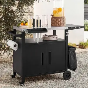 Outdoor Grill Cart with Storage Cabinet, Outdoor Metal Kitchen Island with Foldable Table, Pizza Oven Table with Wheels & Stainless Steel Top & Hooks & Spice Rack for BBQ,Waterproof Cover Included