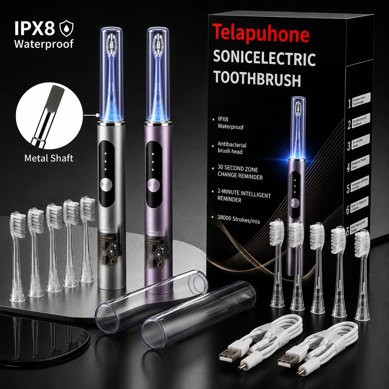 Sonic Electric Toothbrush with 5 Brush Head, 6 Cleaning Modes,IPX8 Waterproof Rechargeable Electric Toothbrush with Brush Head Cover, Smart Timer, Daily Oral Care Gift