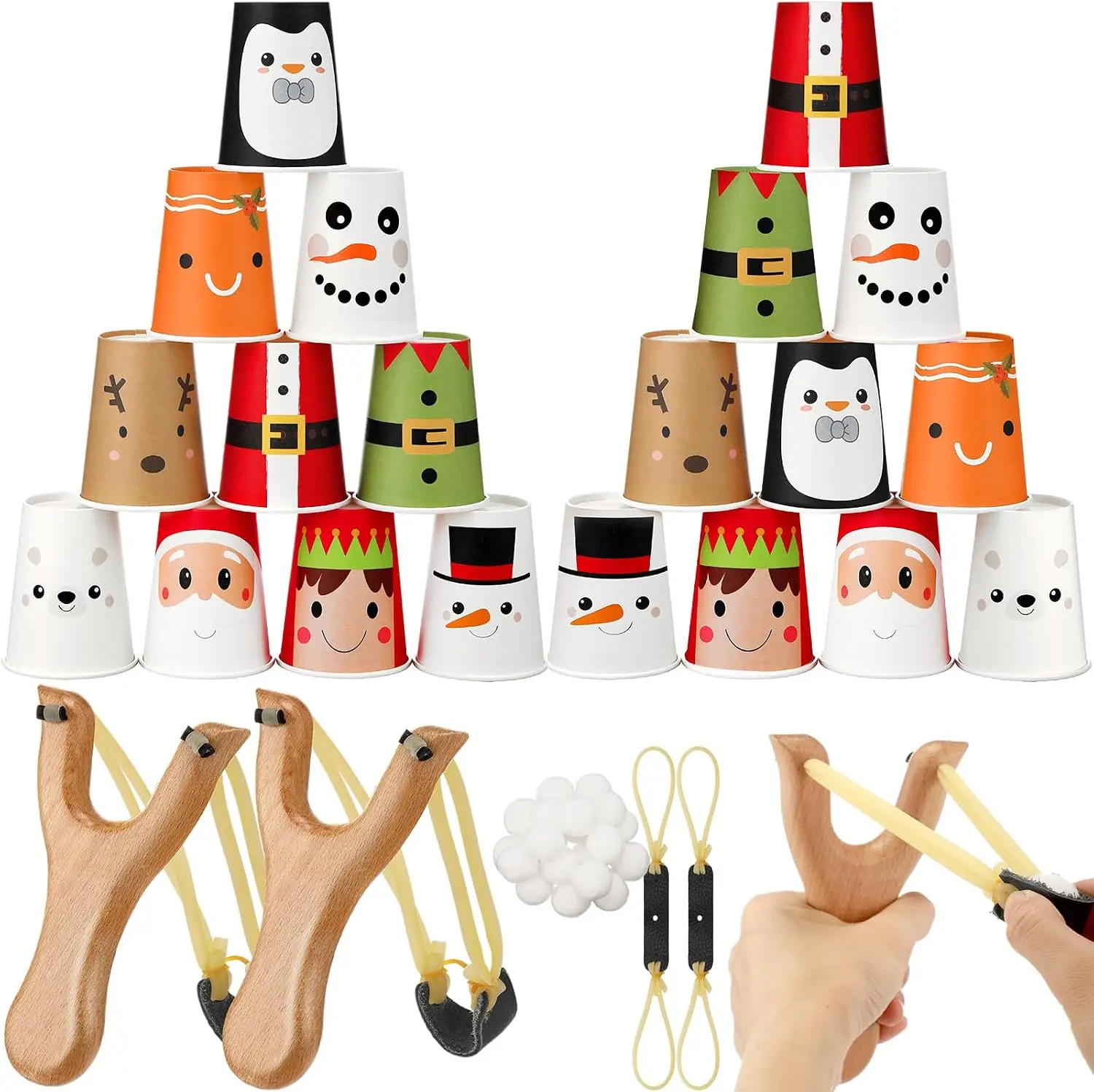 Christmas Games for Family Party Kids Adults Christmas Party Games with 24 Stacking Cup 2 Wooden Slingshot 2 Spare Slingshot Rubber Band 20 Felt Fake Snowball for Toss Carnival Parties Group