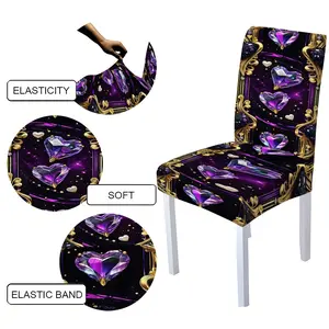 5/7-piece 2D Flat Printing Purple Crystal Heart Golden Frame Printing Pattern Tablecloth and Chair Cover Set, for dining table and chair decoration, perfect for home, holiday gatherings, restaurants, and parties.