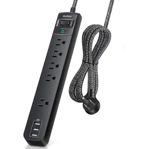 Power Strip Surge Protector-5 Outlets 3 USB Ports, Flat Plug Braided Extension Cord, Overload Surge Protection, Wall Mount for Hotel, Home and Office