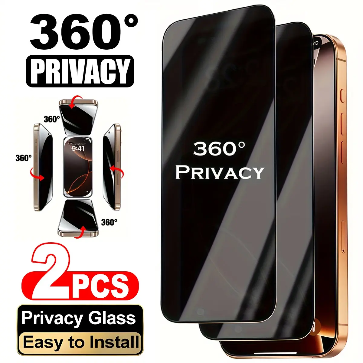 2 Pcs 360° AR Anti-Reflection Privacy Tempered Glass Film for iPhone 17 16 15 14 13 12 11 Pro Max Plus X XS MAX XR Ant-spy Protective Screen Protector Protection Smartphone Cellphone