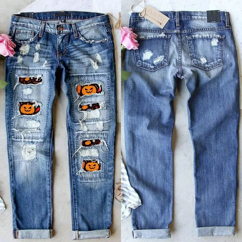 Cross-Border Women's Jeans with Personality Street Holes & Printed Patches Casual Fashion Bottom Chic Love Overall Style Trend Womenswear Blue