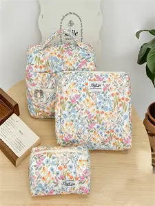 3-Piece Floral Printed Cosmetic Bag Set, Large Capacity Foldable Zipper Handbag, Vibrant Colors, Ideal for Travel School Daily Use