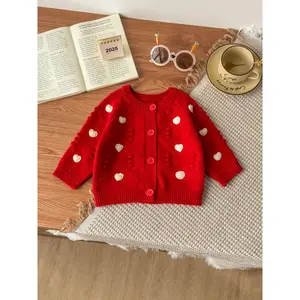 Girls' Red Knit Cardigan with Heart Pattern - Long Sleeve, Button-Up, Round Neck, Stretchy Fabric, Perfect for Fall/Winter, Halloween & Casual Wear, Halloween Cardigan |           Playful Design |           Knit Construction, Halloween Clothes, Girl Cardi