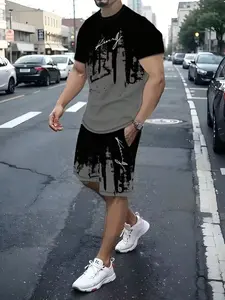 Casual Style 3D Print Set, Lightweight Polyester, Round Neck, Slim Fit, Short Sleeve Tee and Shorts, Versatile