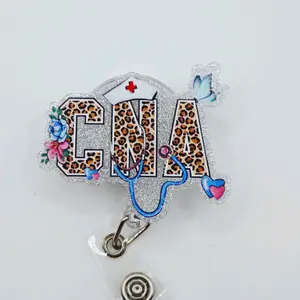 CNA Leopard Print with Stethoscope Glitter Acrylic Retractable Badge ID Reel Belt or Alligator Clip
