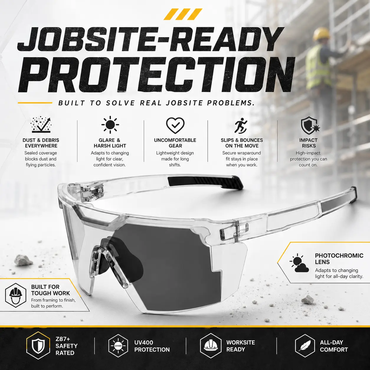 Men’s Z87+ Photochromic Safety Glasses, UV400 Wraparound Protective Work Sunglasses for Construction, Dust, Sports & Daily Outdoor Use, Lightweight Secure Fit