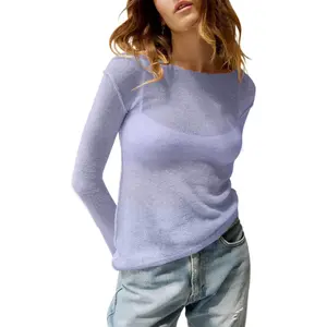 Imily Bela Womens See Through Shirt Boat Neck Long Sleeve Knit Casual Blouse Tops