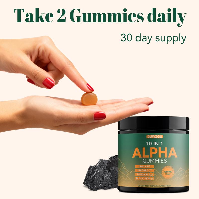 Alpha 10-in-1 Shilajit Gummies | Energy, Stamina & Focus | Ashwagandha, Tongkat Ali, Maca | Vegan| Zero Sugar
