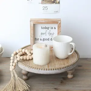 Rustic Round  Tray Riser Farmhouse Pedestal Stand with Beaded Edge for Decor Wooden Finish Cupcake Display for Cakes and Decorative Items 11.8 inches