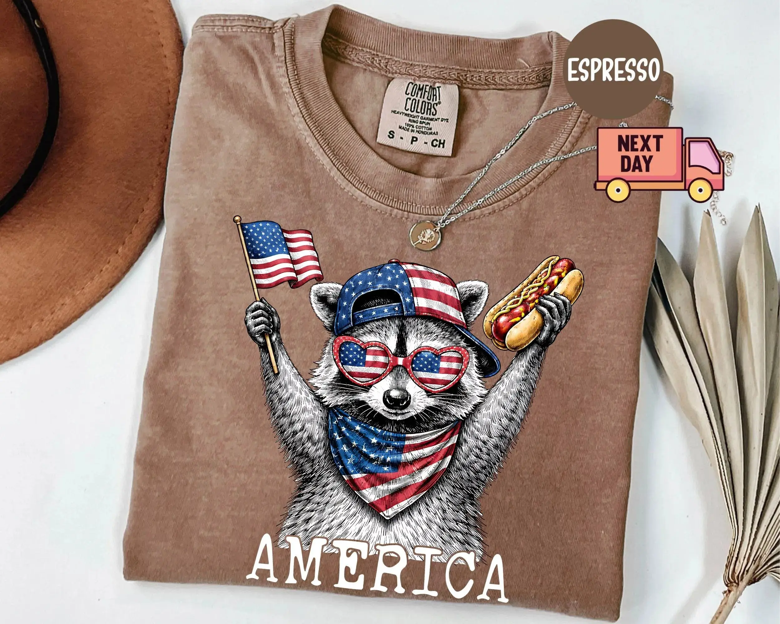 Comfort Colors America Raccoon Hot Dog Shirt, Kids 4th of July Raccoon Shirt, Patriotic American Flag Tee, Women's Retro USA Animal T-shirt