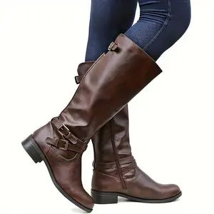 FMEYOA Womens Knee High Boots Wide Calf Flat Low Heel Side Zipper Faux Leather Fashion Winter Riding Boot Casual Comfort Chunky Design