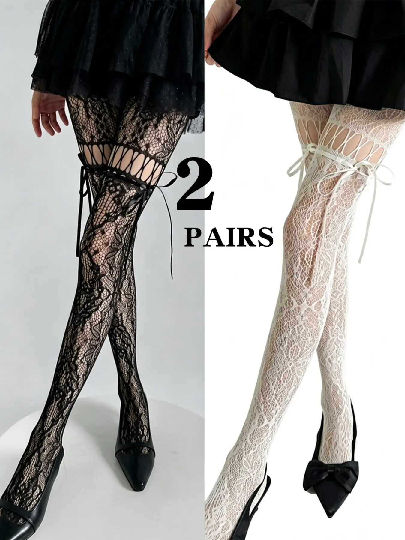 2 Pairs Sexy Lace Cutout Tie-Over Knee High Socks, Elegant Chic Design for Women, Perfect for Daily Wear & Special Occasions