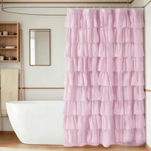Romantic Ruffled Shower Curtain for Farmhouse Bathroom, Dual Layer Fabric, Textured Design, 72x72 Inches, Opaque, Elegant Decoration