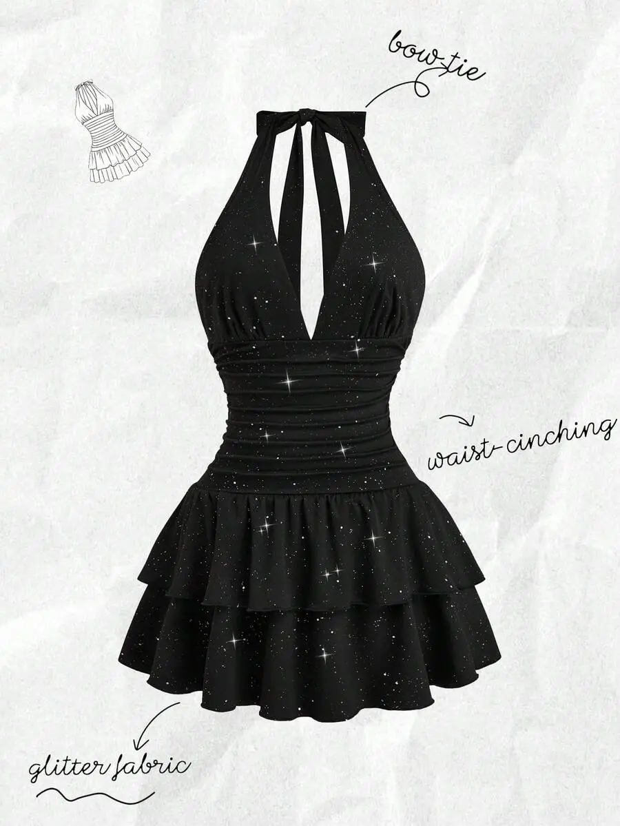 Black Halter Neck Lace Up Glitter Fabric A Line Short Dress With Layered Tiered Hem For Women