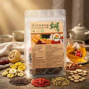 Premium Ginseng Five Treasure Herbal Tea Bags 25 Pack 250g, All Natural Caffeine Free Daily Wellness Drink, Portable Easy Brew Tea Sachets for Home Office Travel