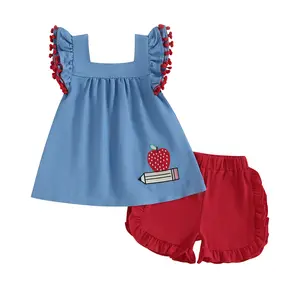 Kids Toddler Girl Back to School Outfit Baby Tassel Sleeve Apple Pencil Embroidery Dress Shirt Tops Elastic Waist Ruffles Shorts