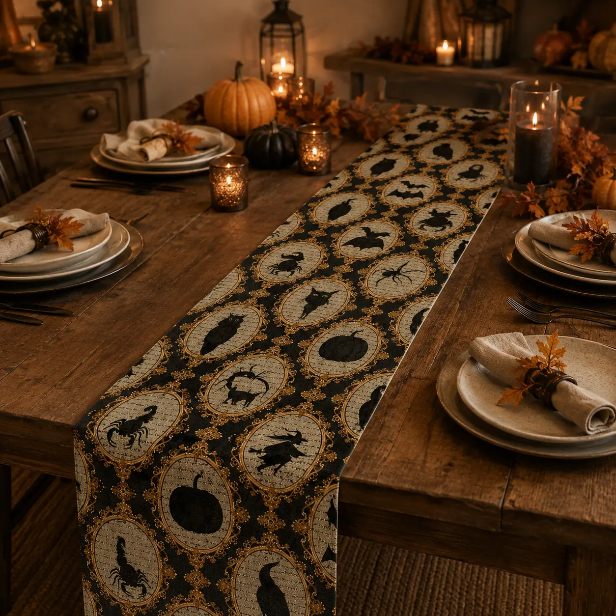 Vintage Halloween Table Runner, Gothic Cameo Pumpkin Cat Bat Spider Witch Dining Table Decor, Spooky Fall Table Runner