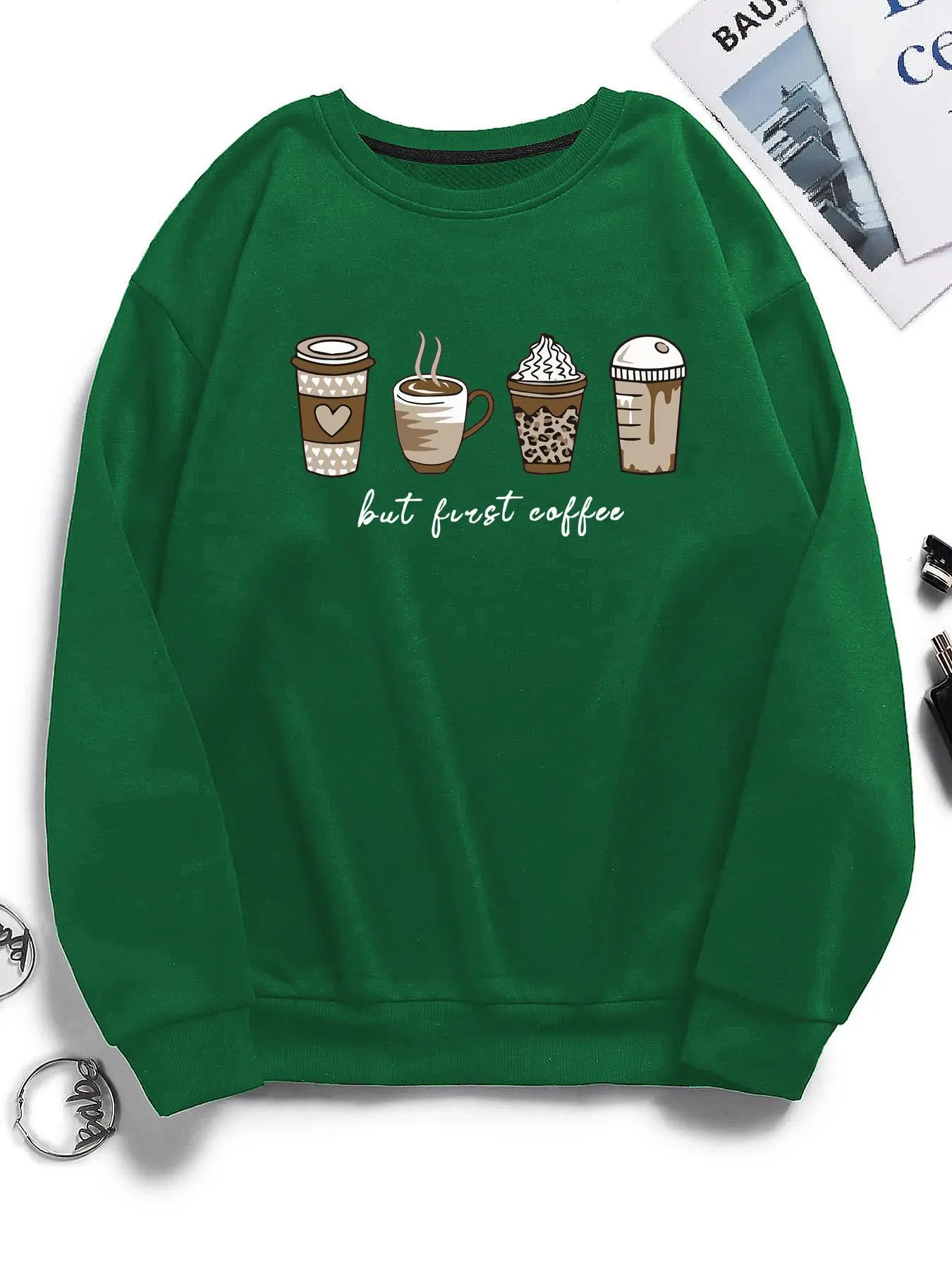 Women's Cartoon Coffee & Cup Print Drop Shoulder Sweatshirt Hoodie, Casual Fitted Hoodie, Casual Long-sleeve Pullover for Spring & Fall, Women's Clothes for Daily Wear, Womenswear