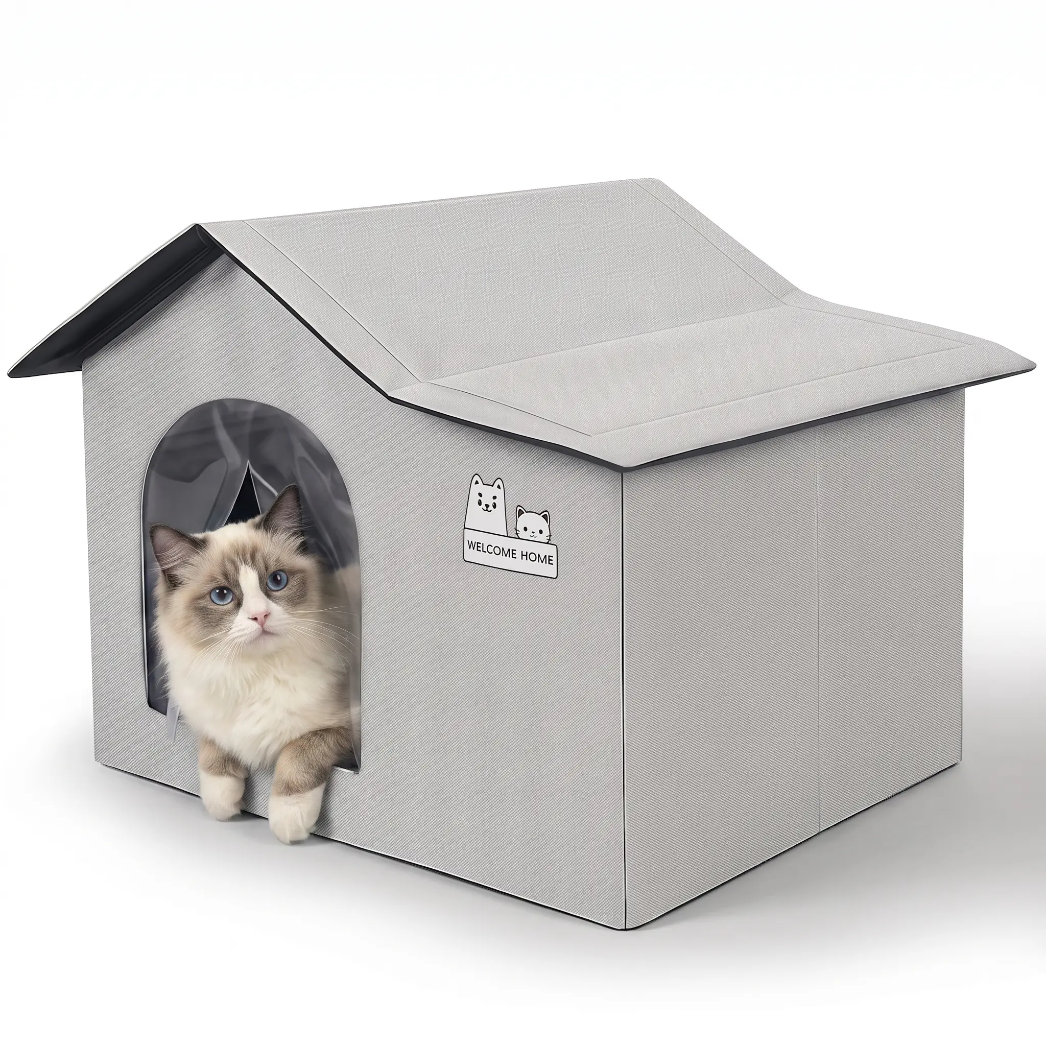 Outdoor Cat House for Feral Cats & Small Dogs, Weatherproof Insulated 600D Oxford Shelter with Cooling Mat & Removable Privacy Curtain, 2 Inside Pockets for Ice Packs, All-Weather Cat House for Street, Patio, Park, Entrance, Fits Pets Up to 30 lbs