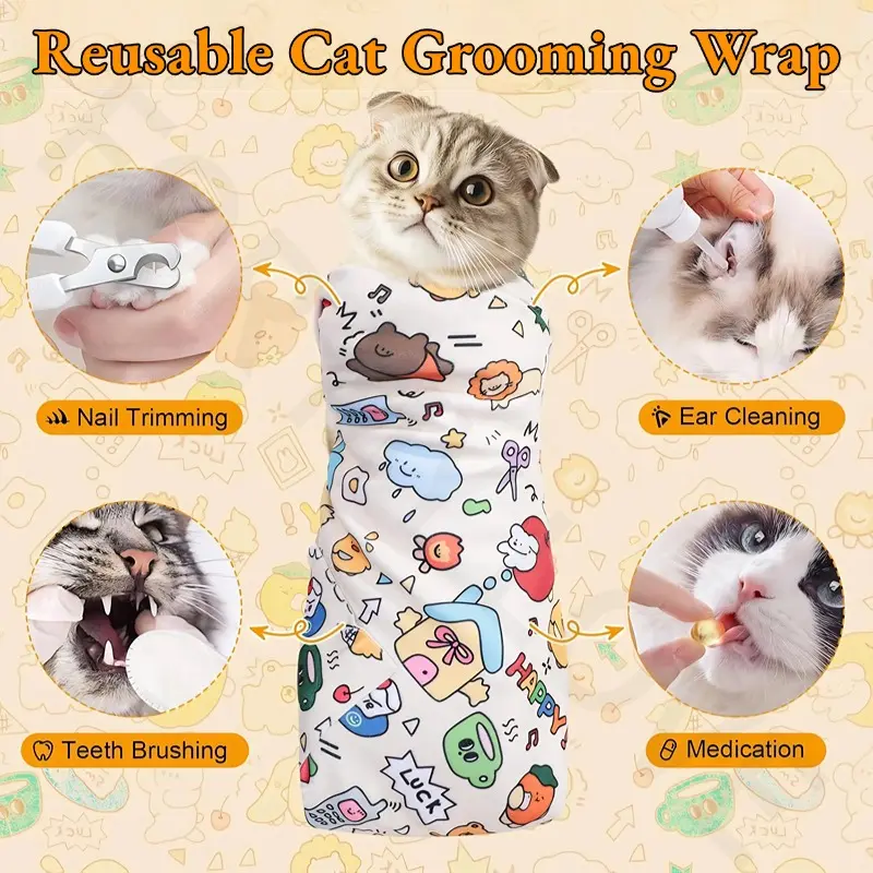 Reusable Cat Grooming Wrap - Woven, Comfortable Fabric, Easy Self-Stick Closure, Washable, Anti-Scratch, Foldable Seams, Essential Home Grooming Aid for Cats, Restraint Wrap for Stress-Free Nail Clipping